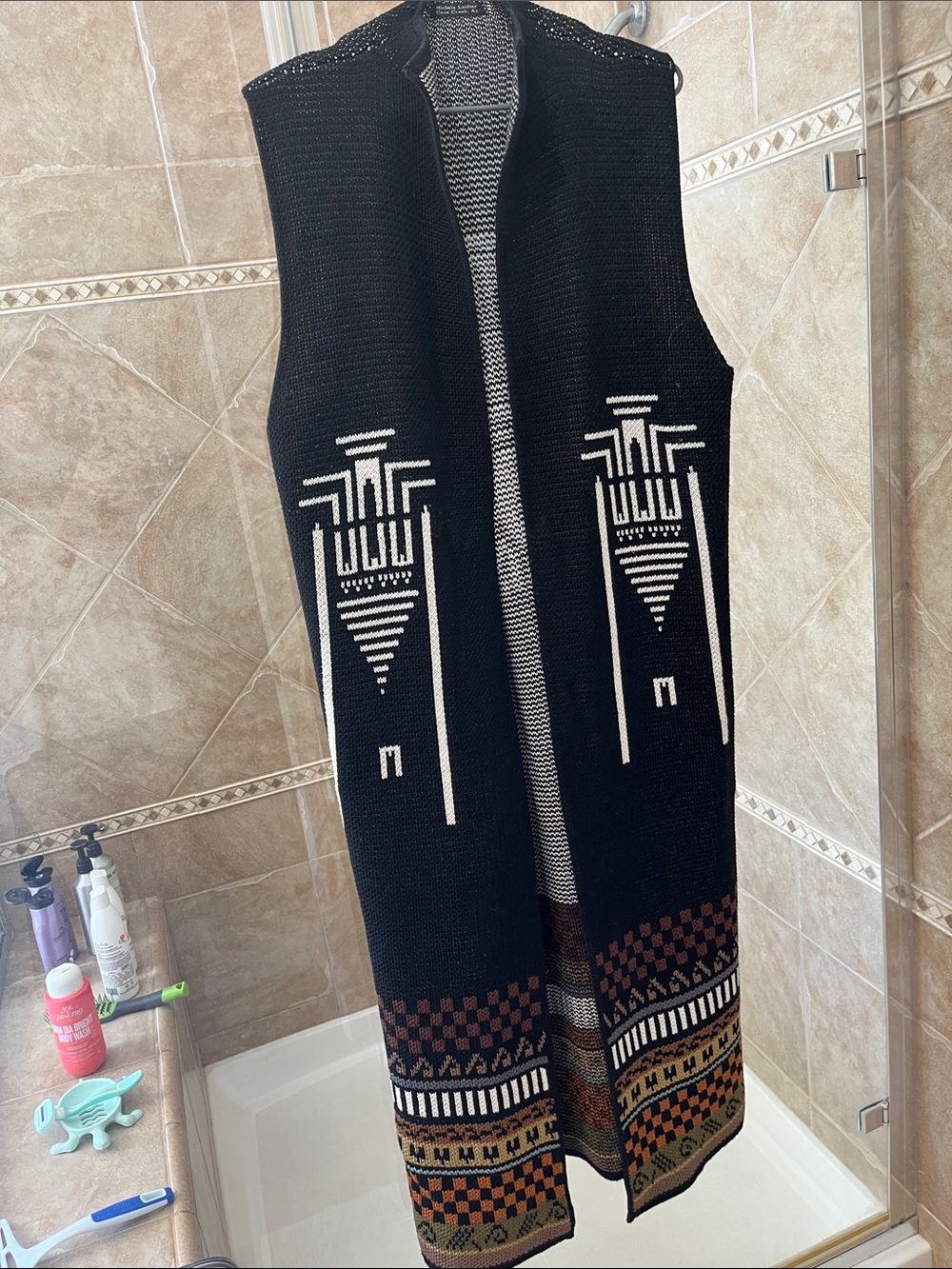 Black Patterned Long Knit Vest
